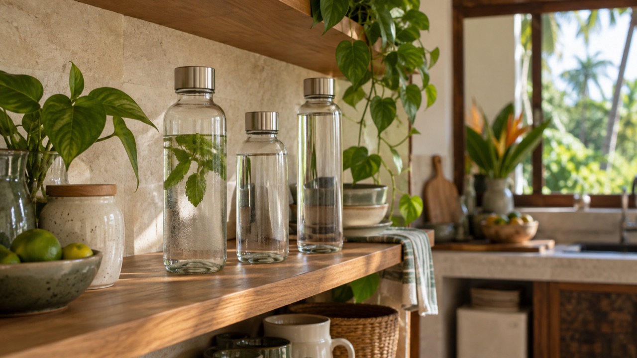 Glass bottles with steel caps on a home kitchen shelf