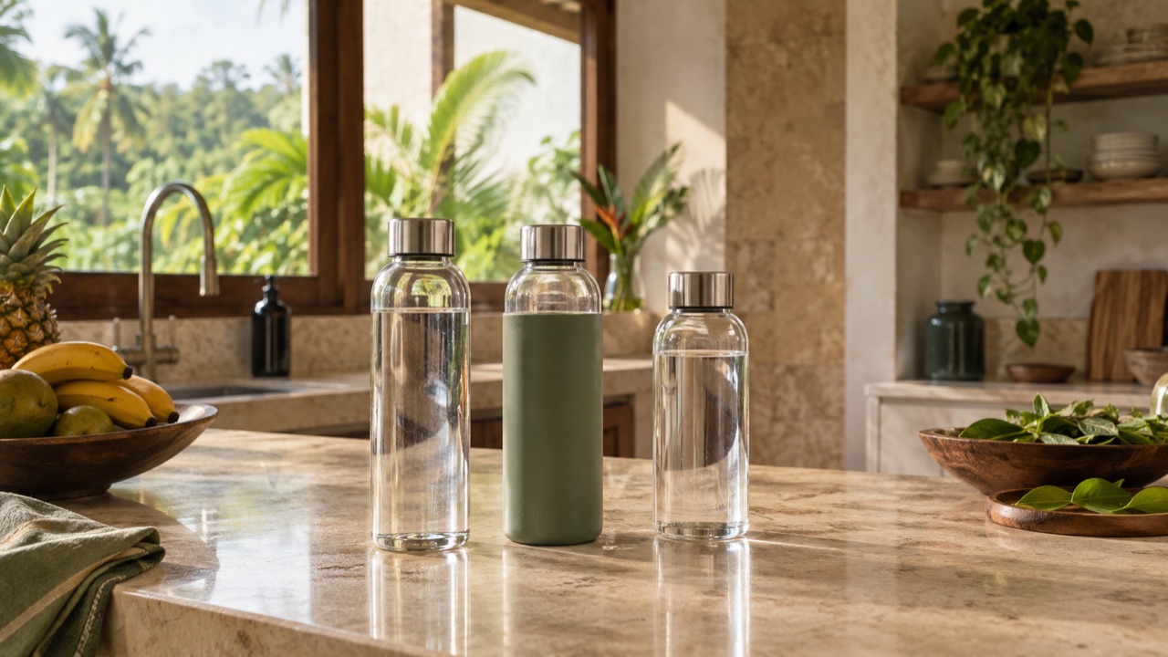 Reusable glass water bottles with steel caps in a sunlit home