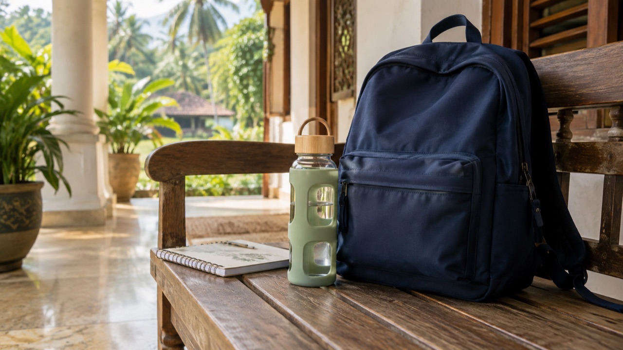 A protected glass water bottle beside a school backpack