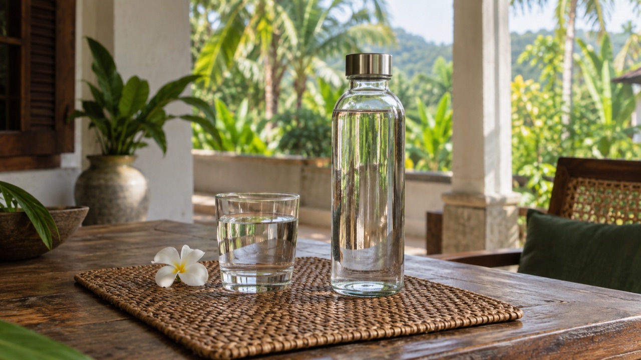 A glass water bottle and drinking glass on a veranda